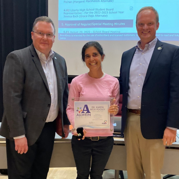 PSBA CEO Nathan Mains with 2022 Allwein Society inductee Karen Beck Pooley and Mike Faccinetto